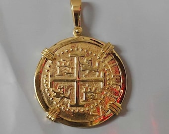ATOCHA Solid Silver Coin Pendant | Authentic Treasure Jewelry | 952 Silver with yellow Gold Plating | Historical Replica | Nautical |