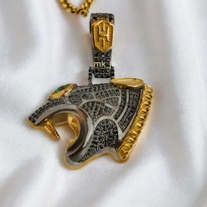 14K Gold Plated Silver Black Panther Head Pendant with 1.57Ct Moissanite