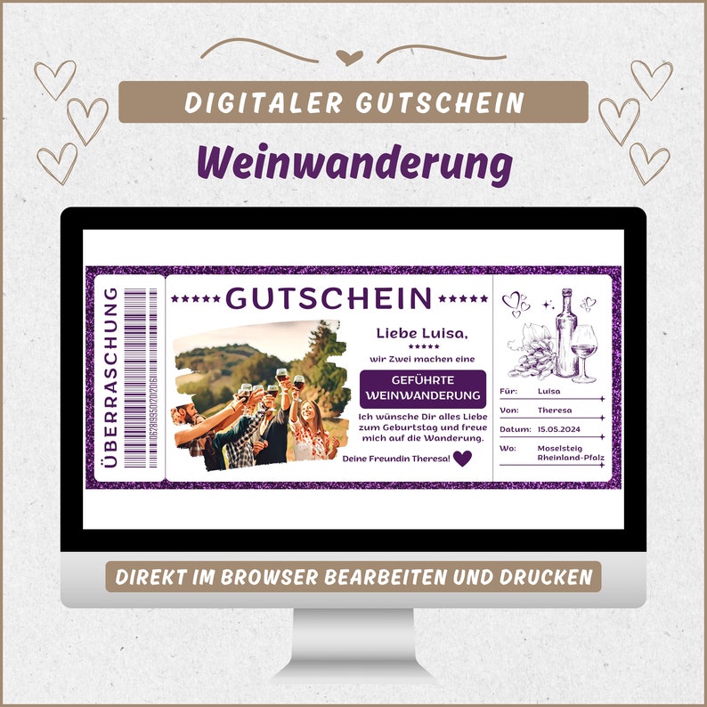 Voucher Wine Hike Gift Template, Gift Wine Hike, German, Personalized
