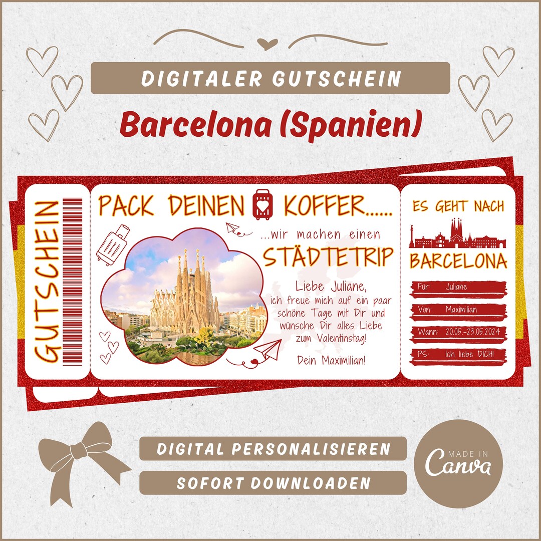 Voucher Travel Barcelona Spain Gift Template, City Trip, German