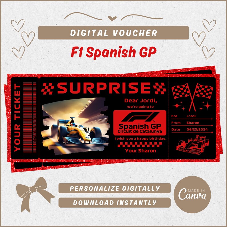 Voucher Formula 1 Spanish GP Gift Template, F1 Barcelona, English, Personalized Voucher, PDF