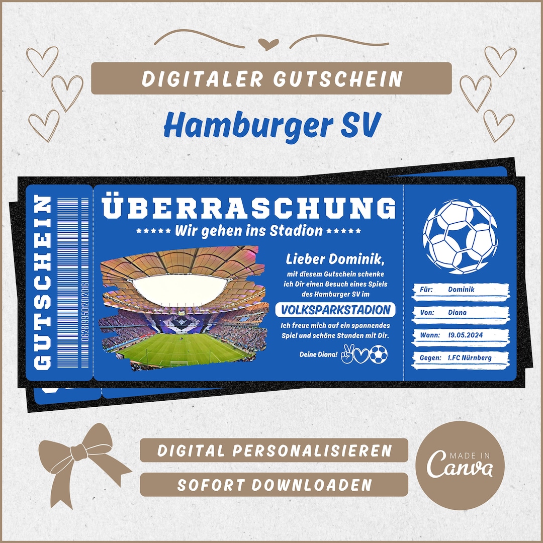 Voucher Hamburger SV Gift Template, Football Gift, German, Personalized