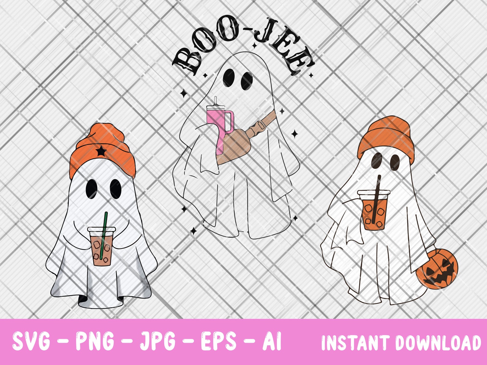 Cute Ghost Drinking Coffee Svg, Bundle Ghost Ice Coffee Png, Halloween
