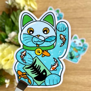 Stickers Maneki Neko carpes koï, porte-bonheur japonais, chat porte-bonheur kawaii, Maneki Neko kawaii, chat japonais, carpes japon