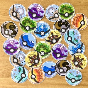 Stickers Pokéball Pokémon, stickers type Pokémon, Evolitions, Pokéball eau, Pokéball feu, Pokéball plante, Pokéball ténèbres, Pokémon psy