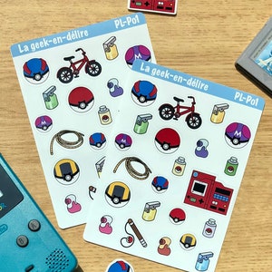 Planches de stickers Objets cultes Pokémon, stickers Pokédex, stickers Pokéball, stickers jeu vidéo
