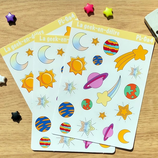 Planches de stickers thème Galaxie kawaii, stickers Gardiens de la Galaxie, papeterie thème espace