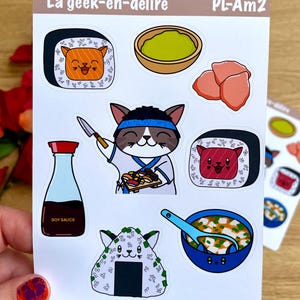 Planches de stickers Japan Food, nourriture japonaise kawaii, onigiri, maki, sushi, maître sushi kawaii, soupe miso, collation japonaise