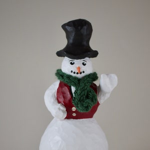 Snowman statue - cast from an original woodcarving - hand painted bonded marble, with removable crochet scarf - made in the USA