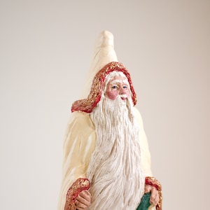 Vintage cast of an original woodcarving, Santa Claus with long beard and cloak - hand painted and made in the USA