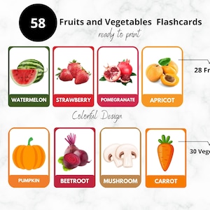 Colorful Vegetables and Fruits Flashcards, Educational Flashcards: 58 Vegetables and Fruits, Montessori flashcards