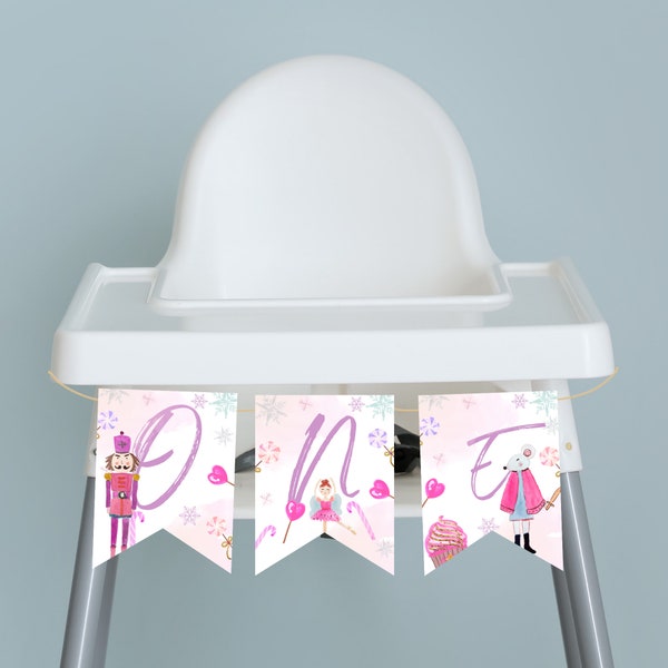 One High Chair Banner Nutcracker Birthday Girl Land of Sweets Nutcracker Magical Winter, Christmas Pink, Editable Template INSTANT DOWNLOAD
