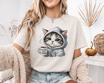 Nope Not Today Cat Comfort Colors® T-Shirt, Cat Mom Shirt, Funny Cat Lover Gift, Aesthetic Kitten tshirt, Cozy Coffee Cat Top