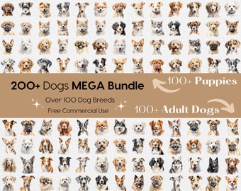 200+ Dogs Clipart Bundle, 100+ Dog Breeds, Watercolor Portrait, Puppy Clip Art, Dog Sublimation Designs, Commercial Use & Scrapbooking, DIY
