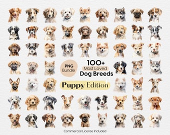 Puppy Clipart Bundle, 100+ Dog Breeds, Lovely Puppies Watercolor, Cute Clip Art, Dogs Portrait, PNG for Commercial Use, Sublimation & DIY