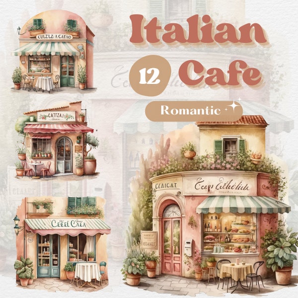 Watercolor Italian Cafe Clipart Bundle, Romantic PNG, Coffee Lover Clip Art, Junk Journal, Commercial Use, Sublimation & Scrapbook, DIY