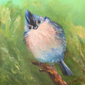 Pintura a óleo original de pássaro tufado / pássaro azul de Alex Arakelian arte de parede de pássaro artesanal presente fino para sua arte em miniatura estilo vintage
