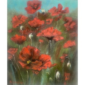 Campo de papoula de flor de papoula vermelha e céu azul Pintura a óleo original de Alex Arakelian Arte artesanal Belo presente para sua arte em miniatura estilo vintage