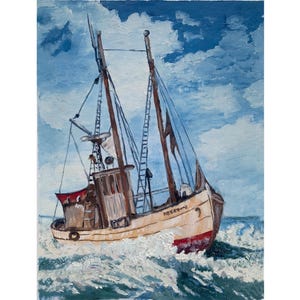 Statek na falach morza i błękitnego nieba jacht Oryginalny obraz olejny autorstwa Arakelian Ręcznie robione dzieło sztuki Piękny prezent dla niej Miniaturowe dzieło sztuki Styl vintage