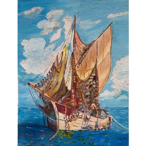 Een schip op de golven zee en blauwe lucht jacht Origineel olieverfschilderij van Arakelian Handgemaakte kunst Fijn cadeau voor haar miniatuurkunstwerk Vintage stijl