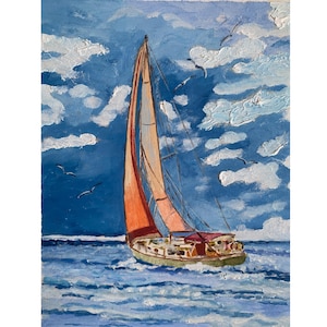 A Ship on the waves sea and blue sky yacht Original oil painting by Arakelian Handmade art Fine gift for her Miniature artwork Vintage style