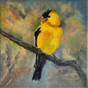 Oiseau jaune mésange sur une branche ciel bleu et peinture à l'huile de forêt 3D par Alex Arakelian art d'oiseau fait à la main beau cadeau pour son œuvre d'art miniature