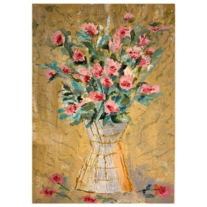Flores rosas rojas en un jarrón, fondo dorado Pintura al óleo original de Michael Arakelian Arte hecho a mano Buen regalo para su obra de arte en miniatura