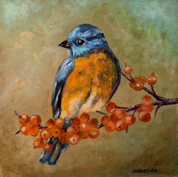 Blue Yellow Orange Bird on Branch With Berries Original Oil