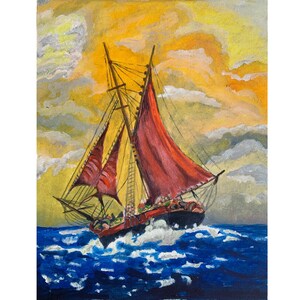 Een schip op de golven zee en blauwe lucht jacht Origineel olieverfschilderij van Arakelian Handgemaakte kunst Fijn cadeau voor haar miniatuurkunstwerk Vintage stijl