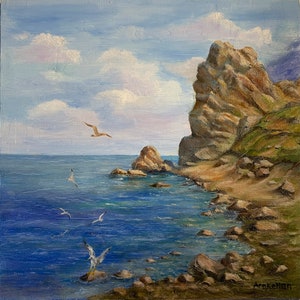 Gaviota, mar, roca y cielo azul Pintura al óleo original de Alex Arakelian Arte hecho a mano. Buen regalo para ella Obra de arte en miniatura Estilo vintage