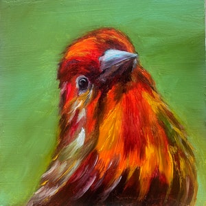 Rosa vermelho manchado pássaro pintura a óleo original por Alex Arakelian Handmade Bird Wall art Belo presente para sua arte em miniatura Tufted Titmouse divertido