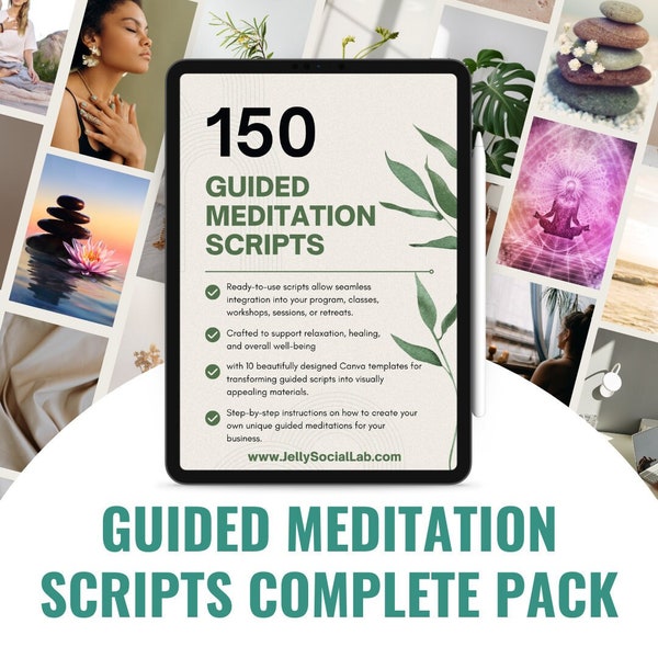 150 Guided Meditation Scripts | Guided Meditation Script Bundle with Guide and Canva Templates | Meditation PDF