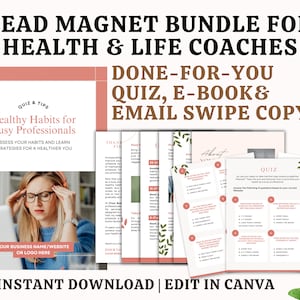 Könnte beinhalten: Ein digitaler Download in Rosa und Weiß für Gesundheits- und Lebenscoaches. Der Download enthält ein Quiz, ein E-Book und eine E-Mail-Swipe-Kopie. Der Text "Healthy Habits for Busy Professionals" steht auf dem Cover des E-Books.