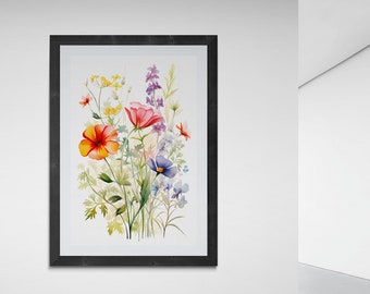 Colorful Wildflower Watercolor Print, Botanical Wall Art (Digital Download)