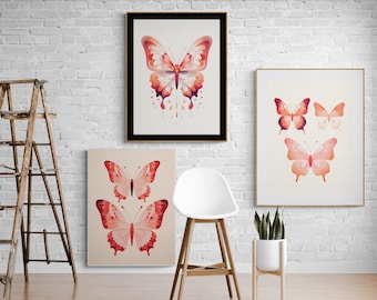 Pink Orange Butterfly Print Set, Preppy Maximalist Wall Art (Digital Download)