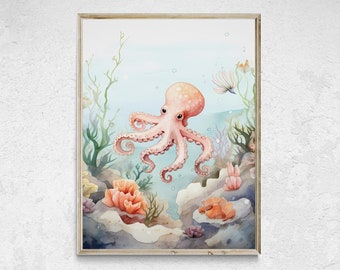 Octopus Nursery Art Print, Ocean Wall Decor (Digital Download)