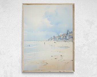 Muted Beach Watercolor Painting, Coastal Cottage Art (Digital Download)