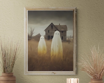 Spooky Ghosts Art Print, Vintage Halloween Decor (Digital Download)