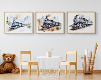 Steam Train Watercolor Prints, Set of 3 (Digital Download)