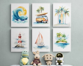 Stampe acquerello per bambini con tema oceano e spiaggia, set da 6 (download digitale)