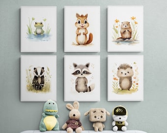 Woodland Creatures Nursery Prints, Watercolor Forest Animals Set (Digital Download)