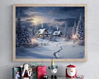 Christmas Village Printable, Snowy Village Print, Christmas Decoration, Snowy Winter Print, Winter Wall Decor, Xmas Printable Art