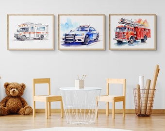 Stampe ad acquerello di veicoli di emergenza, arte per bambini sui trasporti (download digitale)