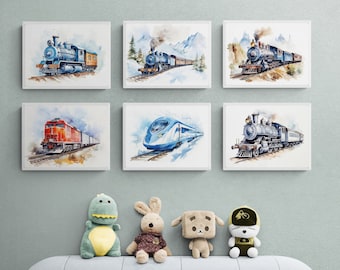 May include: Six framed watercolor paintings of trains, each with a different design. The paintings are hung on a light green wall. The paintings are all in a white frame.