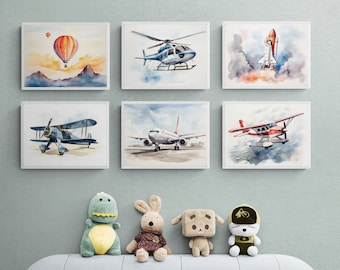 Watercolor Aviation Prints, Set of 6, Airplane Nursery Decor (Digital Download)