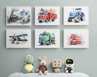May include: Six framed watercolour illustrations of various vehicles, including a train, fire engine, tractor, lorry, double-decker bus, and a biplane. The frames are white and the illustrations are on a light grey wall.