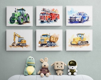 Set of 6 Nursery Truck Prints, Construction Wall Art, Transportation Print Nursery, Kids Gallery Wall Set, Truck Wall Art, Vehicle Prints