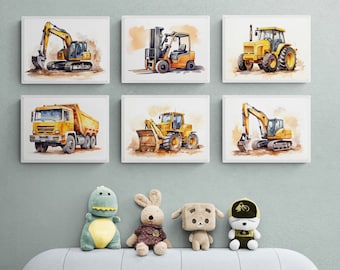 Aquarelprints bouwtruck, set van 6 (digitale download)
