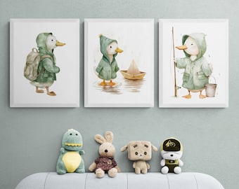 Duck Nursery Prints Set, Sage Green Raincoats (Digital Download)
