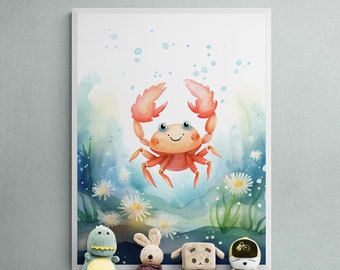 Watercolor Crab Art Print, Nautical Nursery Decor (Digital Download)